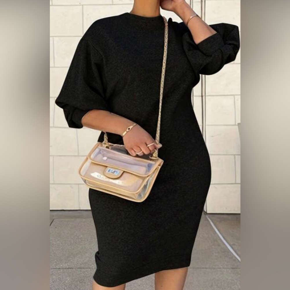 SHEIN  Plus Size Women's Slimming Lantern Sleeve Drop Shoulder Midi Dress.